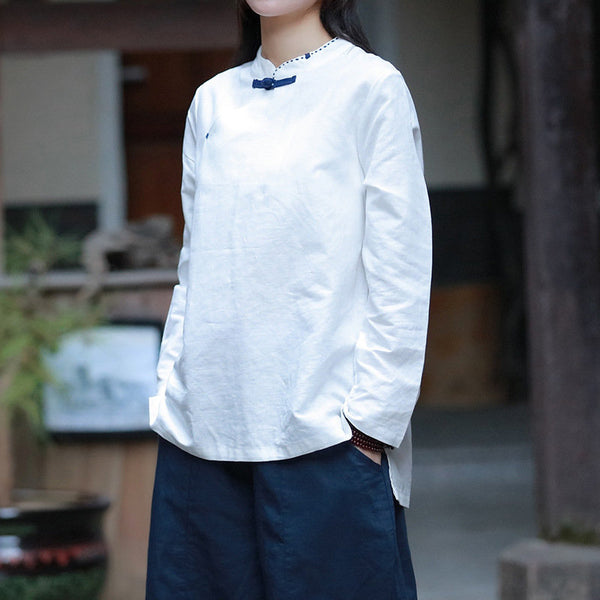 Pure Color Asian Style Women Long Sleeve Linen Blouses