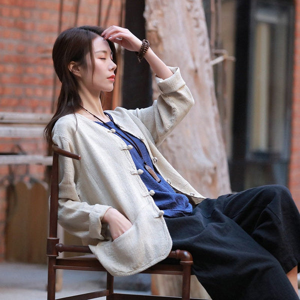 Pure Color Asian Style Women Long Sleeve Linen Cropped Cardigan Blouses