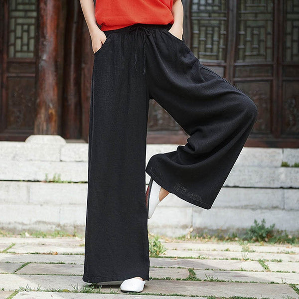Women Retro Style Linen and Cotton Sand Washed Wide Leg Opening Pants