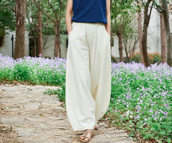 Women Retro Style Women Water-washed Linen and Cotton Lantern Pants