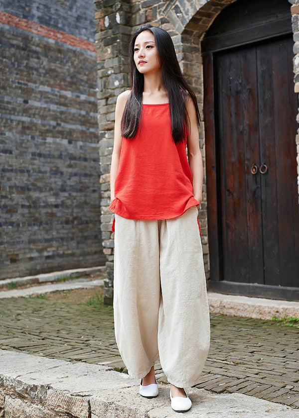 Women Natural Ramie Linen Lantern Cropped Pants