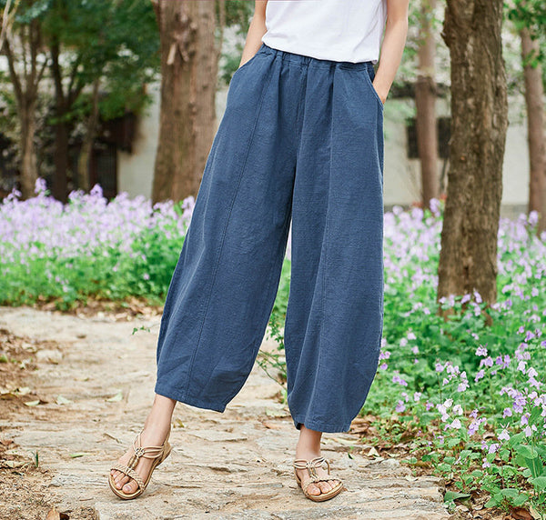 Women Natural Ramie Linen Lantern Cropped Pants