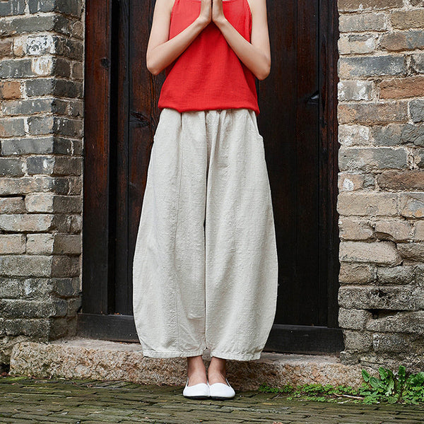 Women Natural Ramie Linen Lantern Cropped Pants