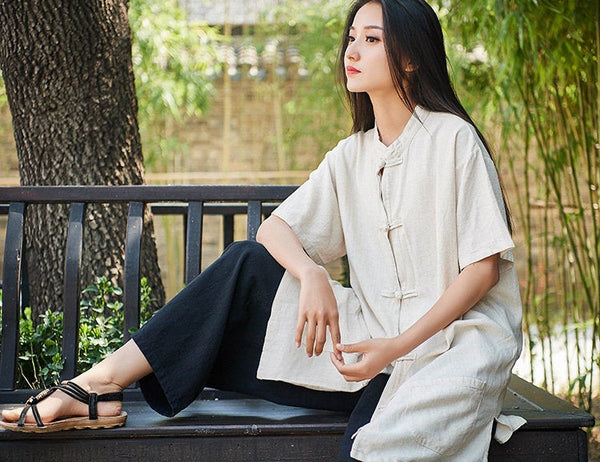 Retro Asian Style Linen and Cotton Women Short Sleeve Cardigan Blouses