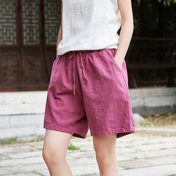 Women Natural Ramie Linen Sand Washed Wide Thigh Opening Shorts