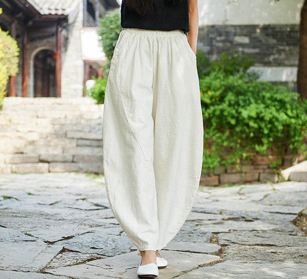Women Natural Linen Fabric Pure Ramie Retro Lantern Leisure Pants