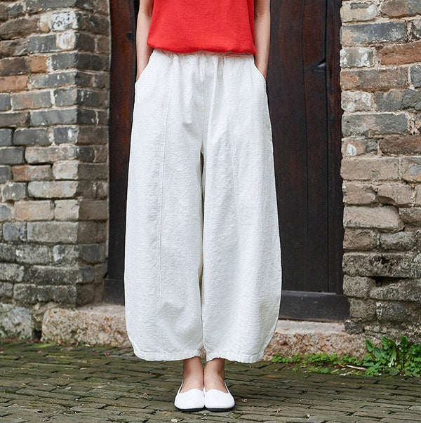Women Natural Ramie Linen Lantern Cropped Pants