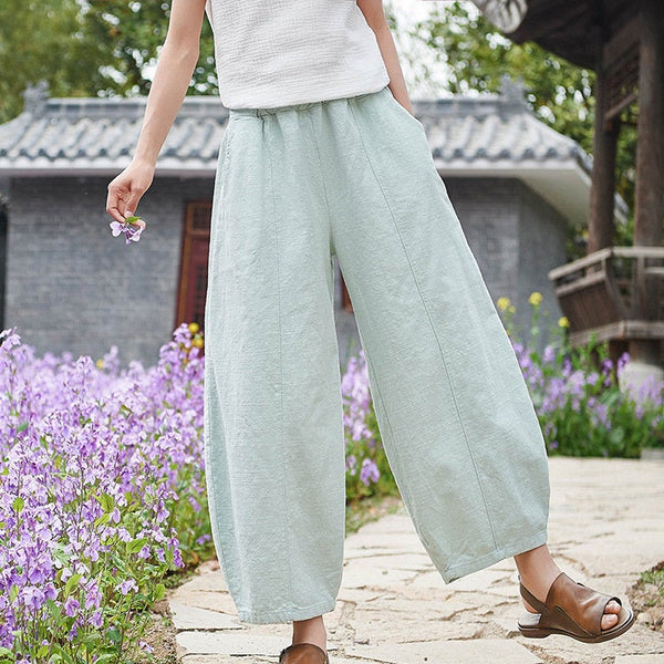 Women Natural Ramie Linen Lantern Cropped Pants