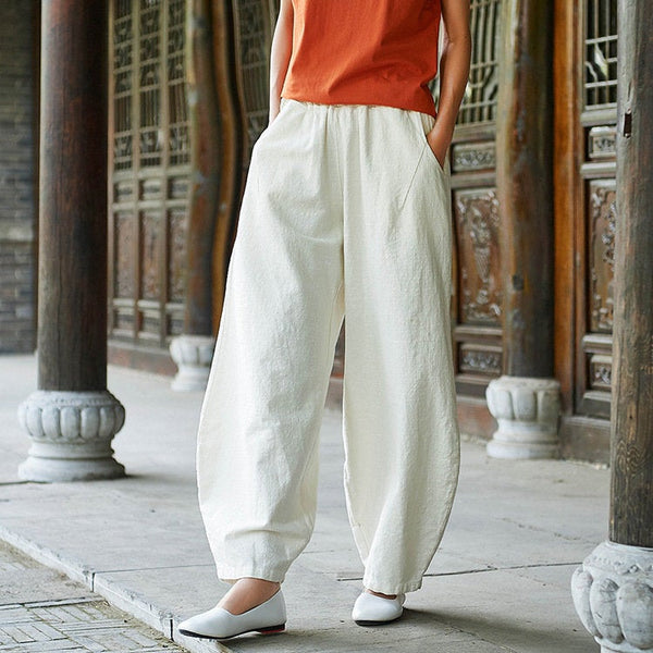 Women Natural Ramie Linen Cotton and Linen Lantern Leisure Pants