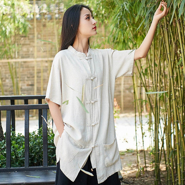 Retro Asian Style Linen and Cotton Women Short Sleeve Cardigan Blouses