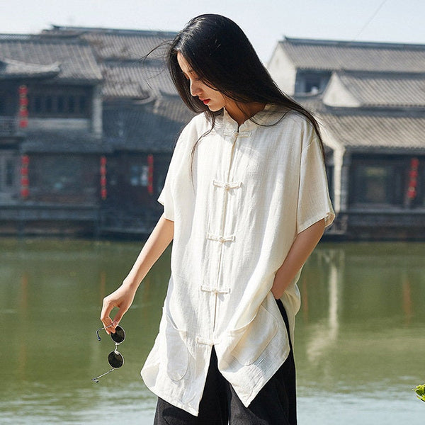 Retro Asian Style Linen and Cotton Women Short Sleeve Cardigan Blouses