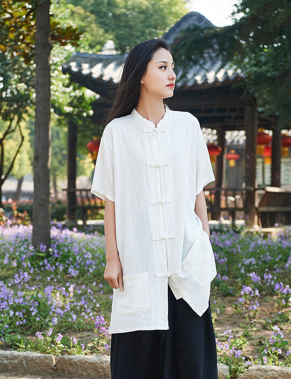 Retro Asian Style Linen and Cotton Women Short Sleeve Cardigan Blouses