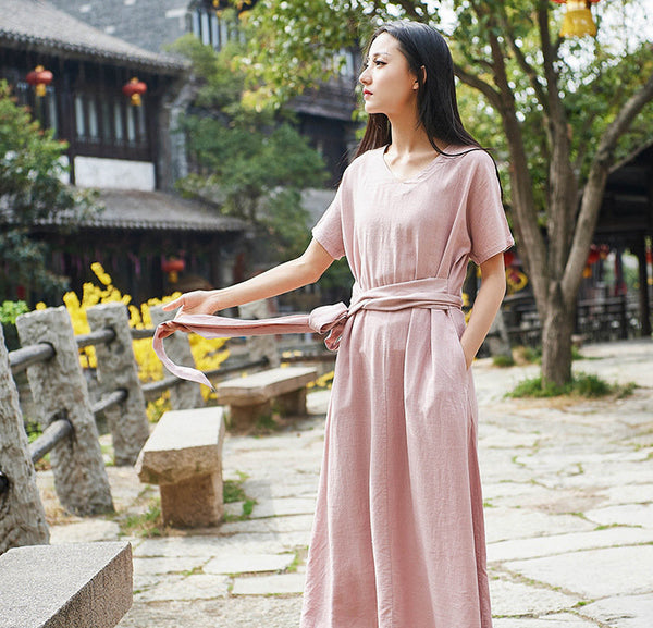 Women Retro Style Causal V-neck Short Sleeve Tea Length Dress