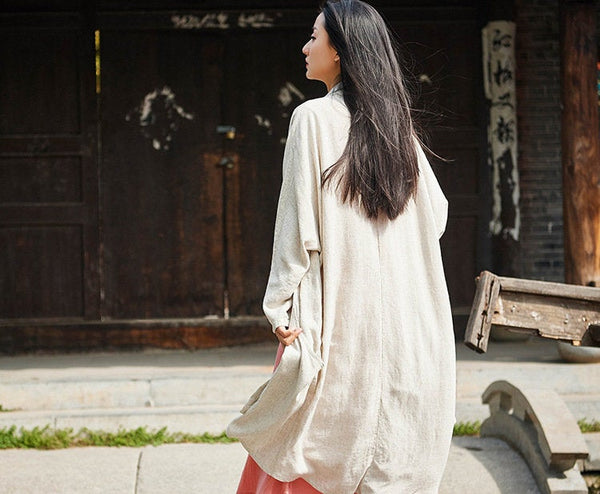 Women Pure Color Simple Linen and Cotton Coat