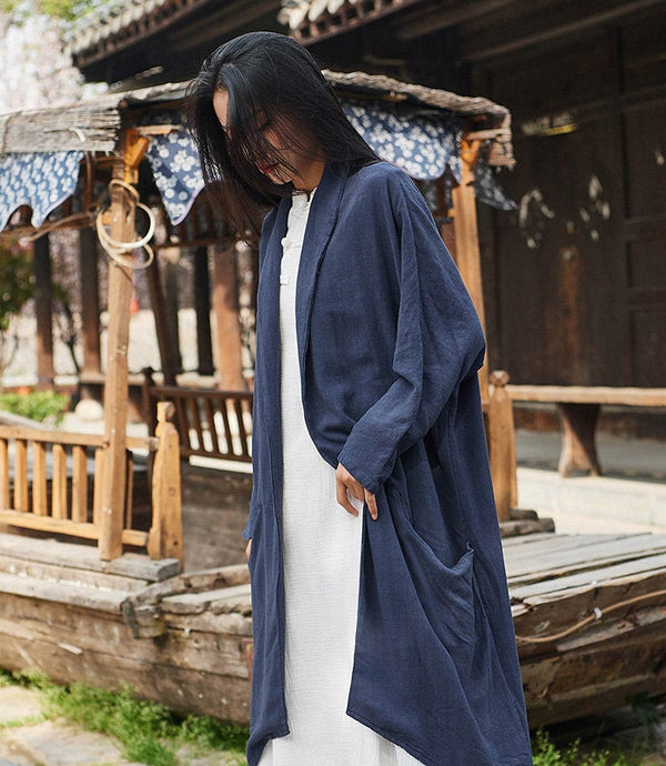 Women Pure Color Simple Linen and Cotton Coat