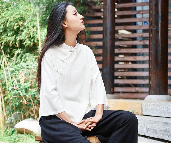 Retro Asian Style Linen and Cotton Pure Color Women 3/4 Sleeve Linen Blouses