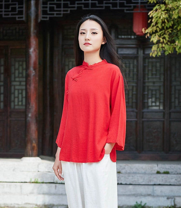 Retro Asian Style Linen and Cotton Pure Color Women 3/4 Sleeve Linen Blouses