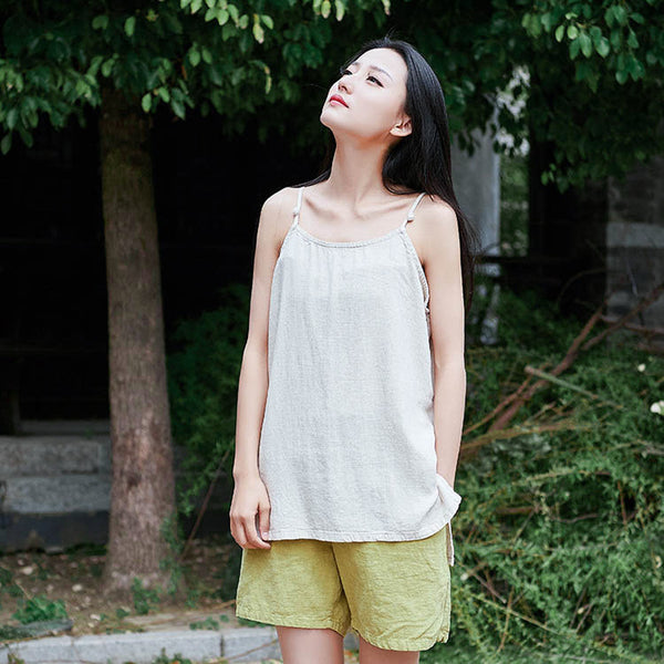 Retro Asian Style Pure Color Women Simple Linen and Cotton Tank