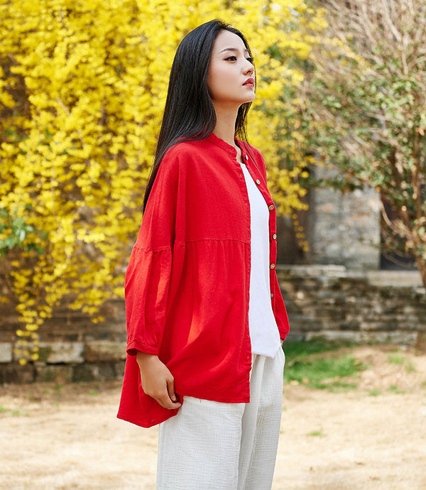 Simple Retro Style Linen and Cotton Loose Cardigan Top – Simple Pure Color Retro Style Women 3/4 Sleeve Linen Cardigan Blouses