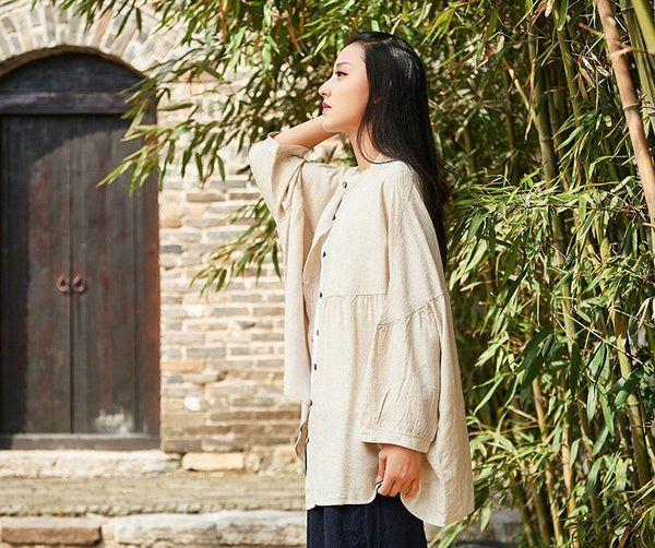 Simple Retro Style Linen and Cotton Loose Cardigan Top – Simple Pure Color Retro Style Women 3/4 Sleeve Linen Cardigan Blouses