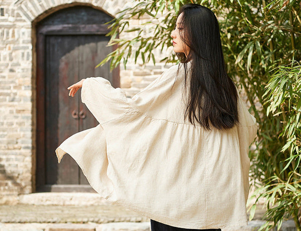 Simple Retro Style Linen and Cotton Loose Cardigan Top – Simple Pure Color Retro Style Women 3/4 Sleeve Linen Cardigan Blouses