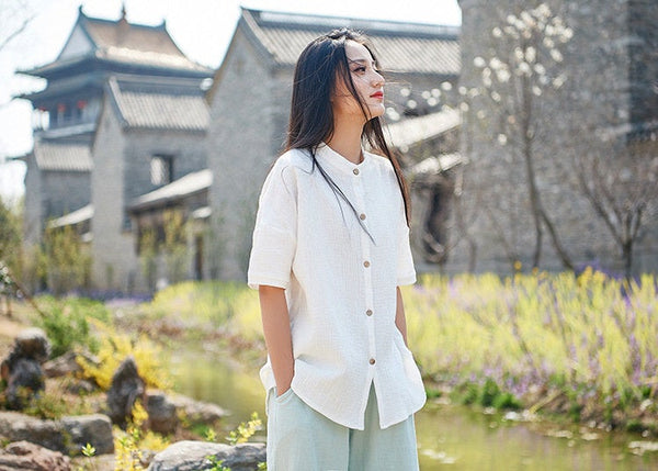 Simple Pure Color Linen and Cotton Women Short Sleeve Cardigan Blouses