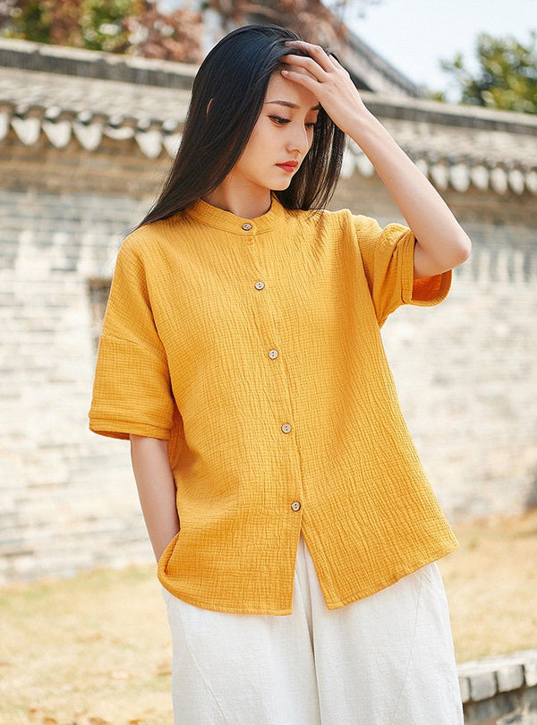 Simple Pure Color Linen and Cotton Women Short Sleeve Cardigan Blouses