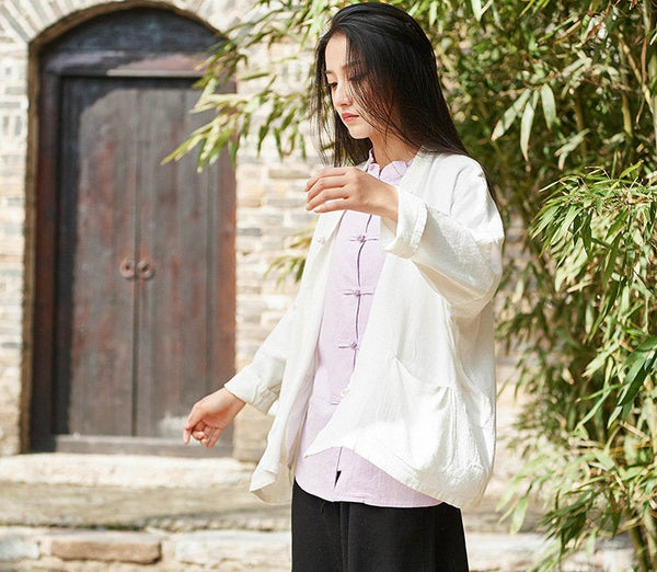 Retro Asian Style Linen and Cotton Long Sleeve Women Cardigan Blouses