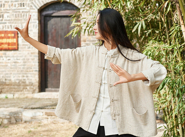 Retro Asian Style Linen and Cotton Long Sleeve Women Cardigan Blouses