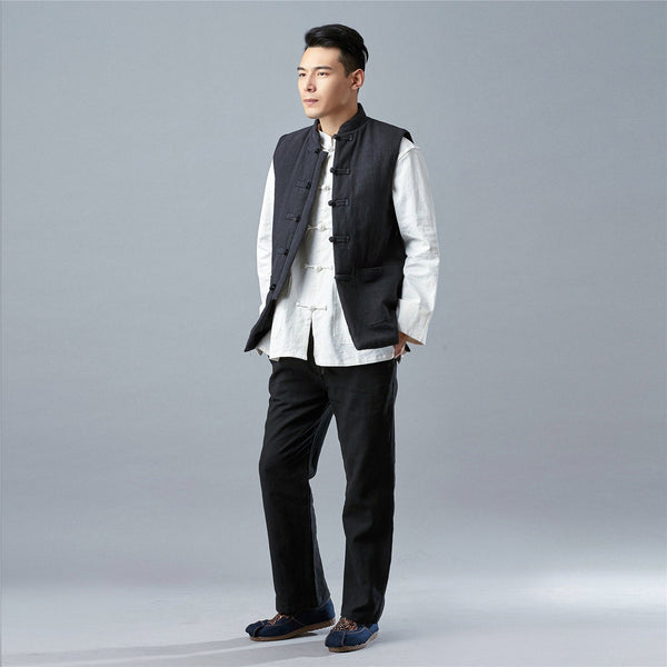 Men Asian Style Water-washed Pure Color Linen and Cotton Vest
