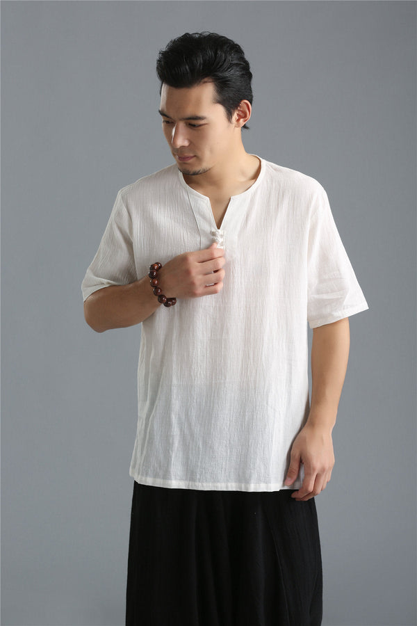 Men Pure Color Simple Linen and Cotton V-neck Short Sleeved T-shirt Tops
