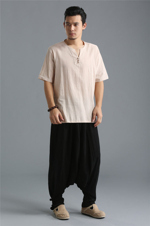 Men Pure Color Simple Linen and Cotton V-neck Short Sleeved T-shirt Tops