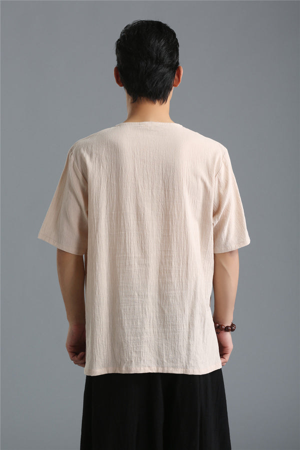 Men Pure Color Simple Linen and Cotton V-neck Short Sleeved T-shirt Tops