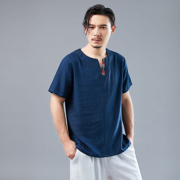 Men Asian Style Men Casual Linen and Cotton Short Sleeved T-shirt Tops