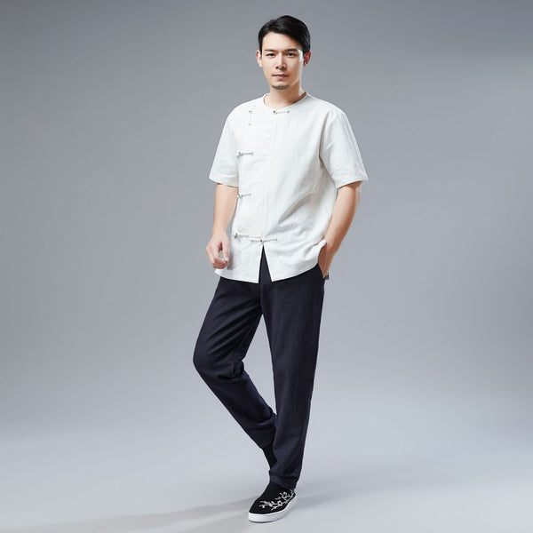 Men Retro Asian Style Water-washed Linen and Cotton Short Sleeved T-shirt Tops