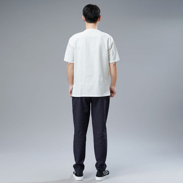 Men Retro Asian Style Water-washed Linen and Cotton Short Sleeved T-shirt Tops