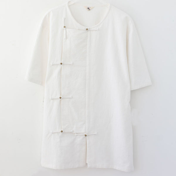 Men Retro Asian Style Water-washed Linen and Cotton Short Sleeved T-shirt Tops