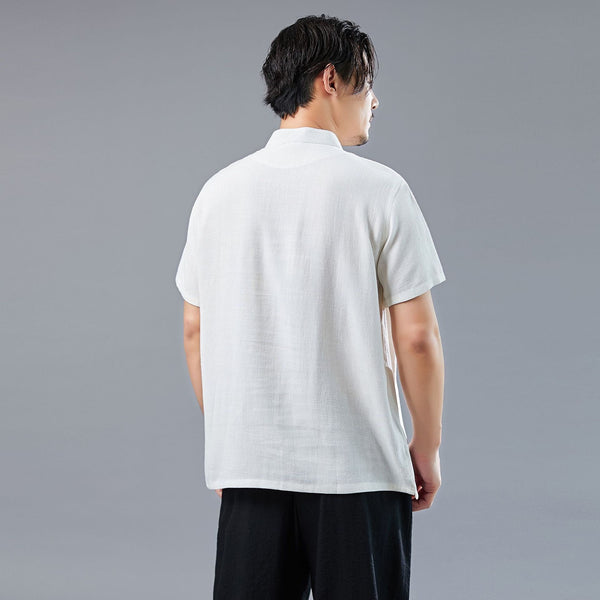 Men Asian Style Sand-Washed Short Sleeved T-shirt with Pocket Tops