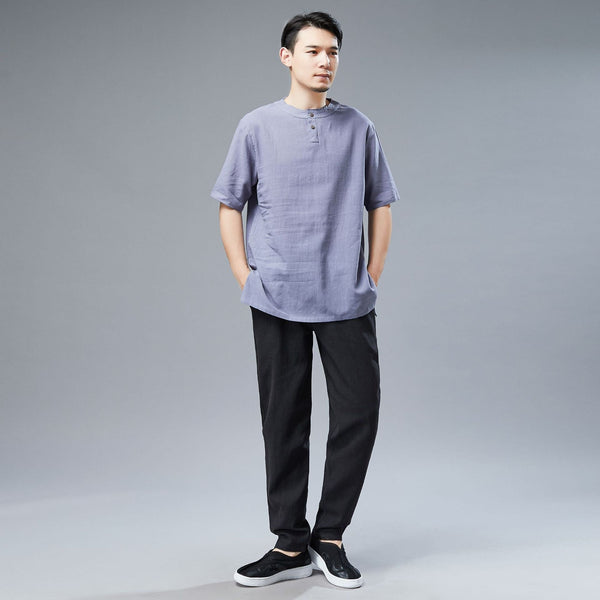 Men Simple Style Casual Light Soft Linen and Cotton Round-Neck Short Sleeved T-shirt Tops