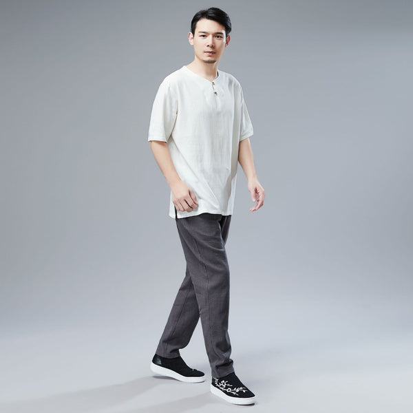 Men Asian Style Sand-Washed Casual Linen and Cotton Round-Neck Short Sleeved T-shirt Tops