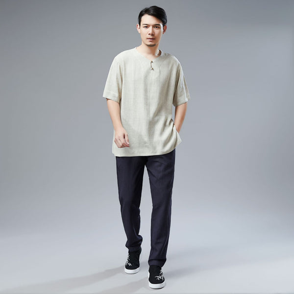 Men Asian Style Sand-Washed Casual Linen and Cotton Round-Neck Short Sleeved T-shirt Tops