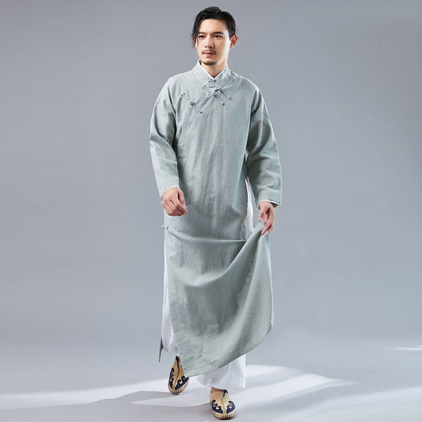 Men Modern Retro Asian Style Linen and Cotton Long Sleeved Cheongsam Long Shirts