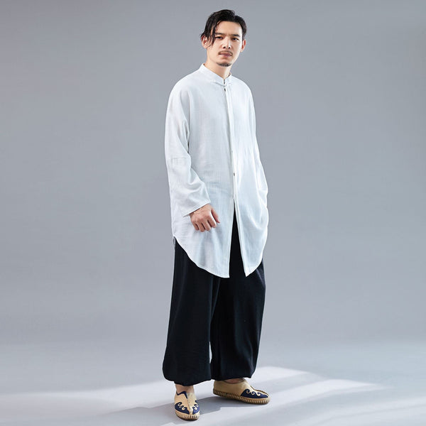 Men Tai Chi Loose Style Water-washed Linen Long Sleeved Cardigan Long Shirts