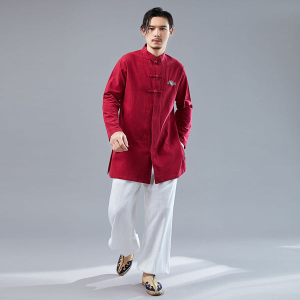 Men KungFu Style Water-washed Linen and Cotton Long Sleeved Cardigan Middle Long Shirts