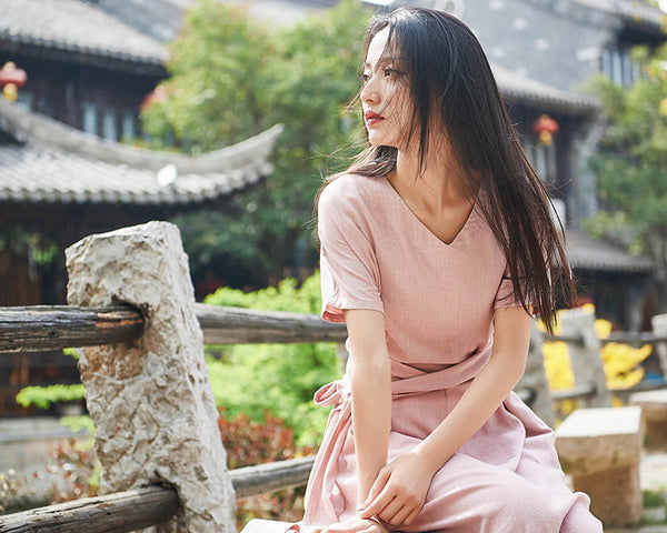 Women Retro Style Causal V-neck Short Sleeve Tea Length Dress