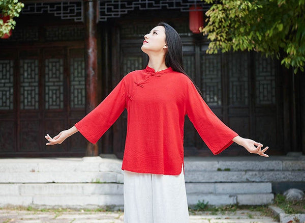 Retro Asian Style Linen and Cotton Pure Color Women 3/4 Sleeve Linen Blouses