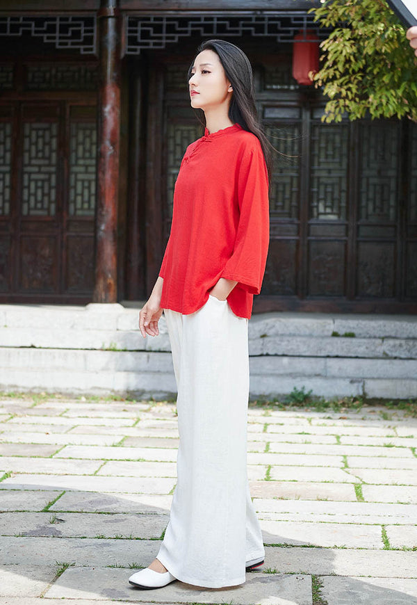 Retro Asian Style Linen and Cotton Pure Color Women 3/4 Sleeve Linen Blouses