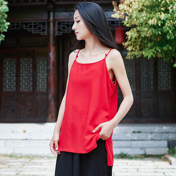 Retro Asian Style Pure Color Women Simple Linen and Cotton Tank