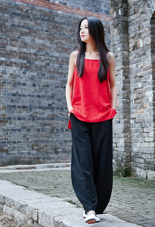 Retro Asian Style Pure Color Women Simple Linen and Cotton Tank