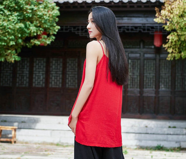 Retro Asian Style Pure Color Women Simple Linen and Cotton Tank